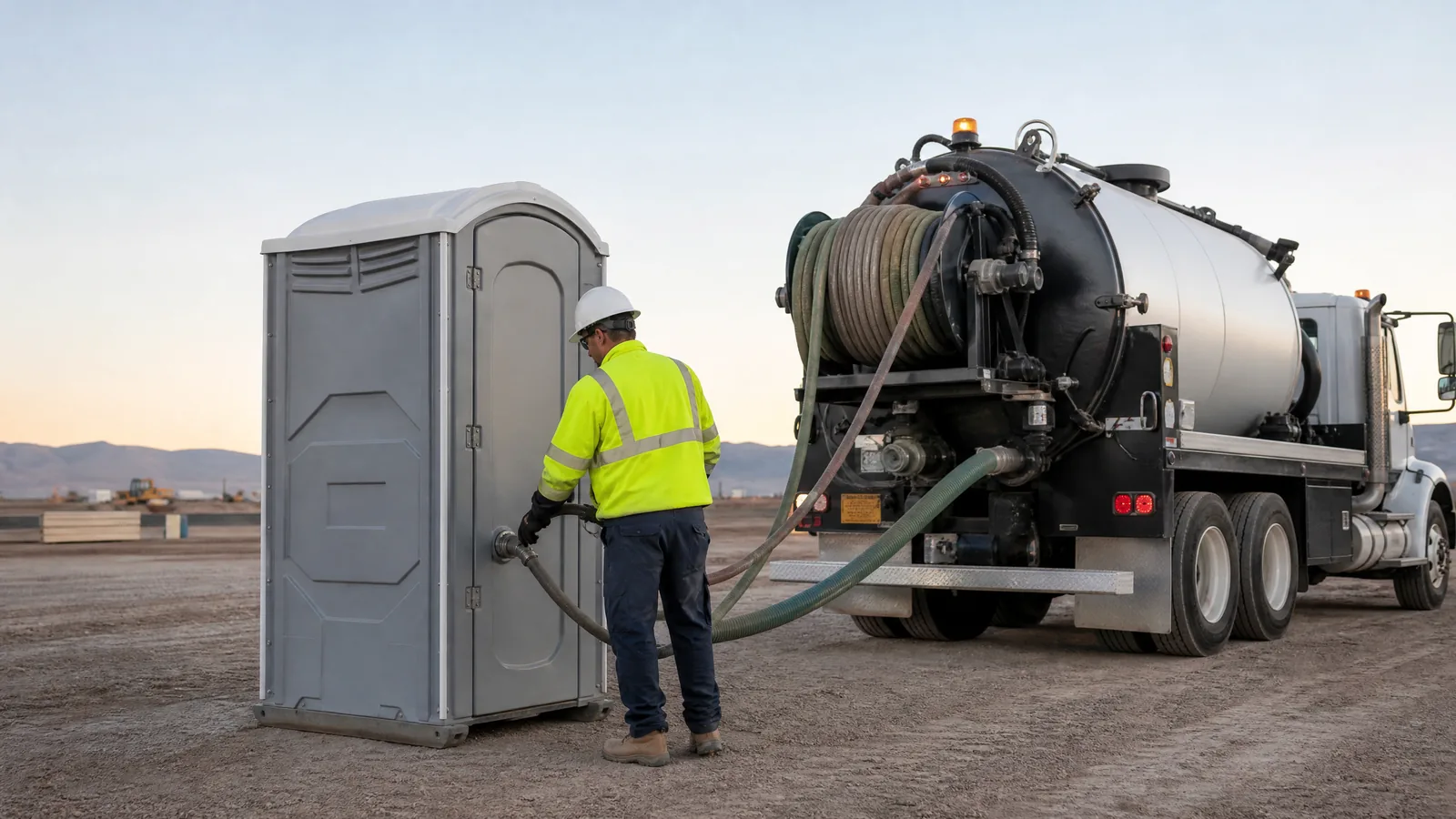 A portable restroom receiving professional field service at an outdoor worksite.